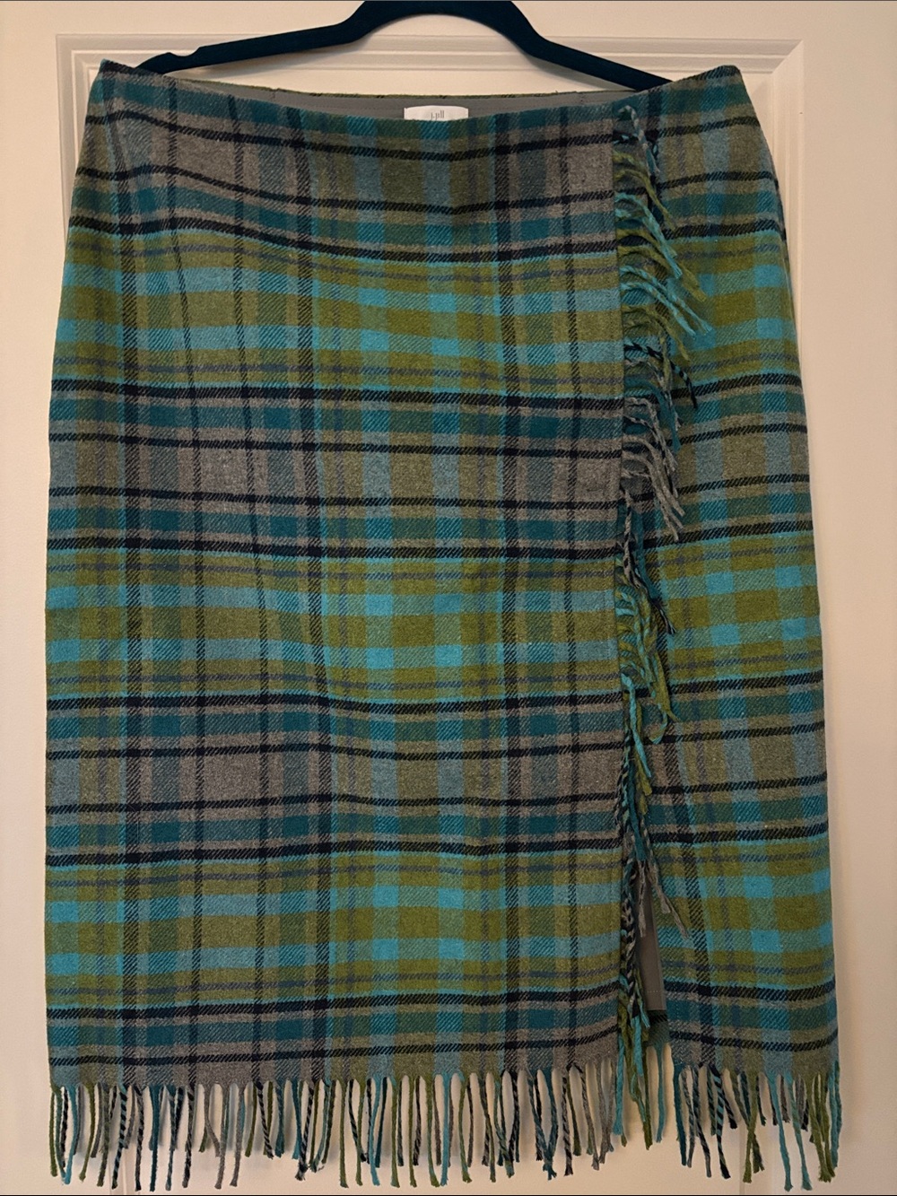 J. Jill Green and Teal Plaid Midi Wrap Skirt with Fringe